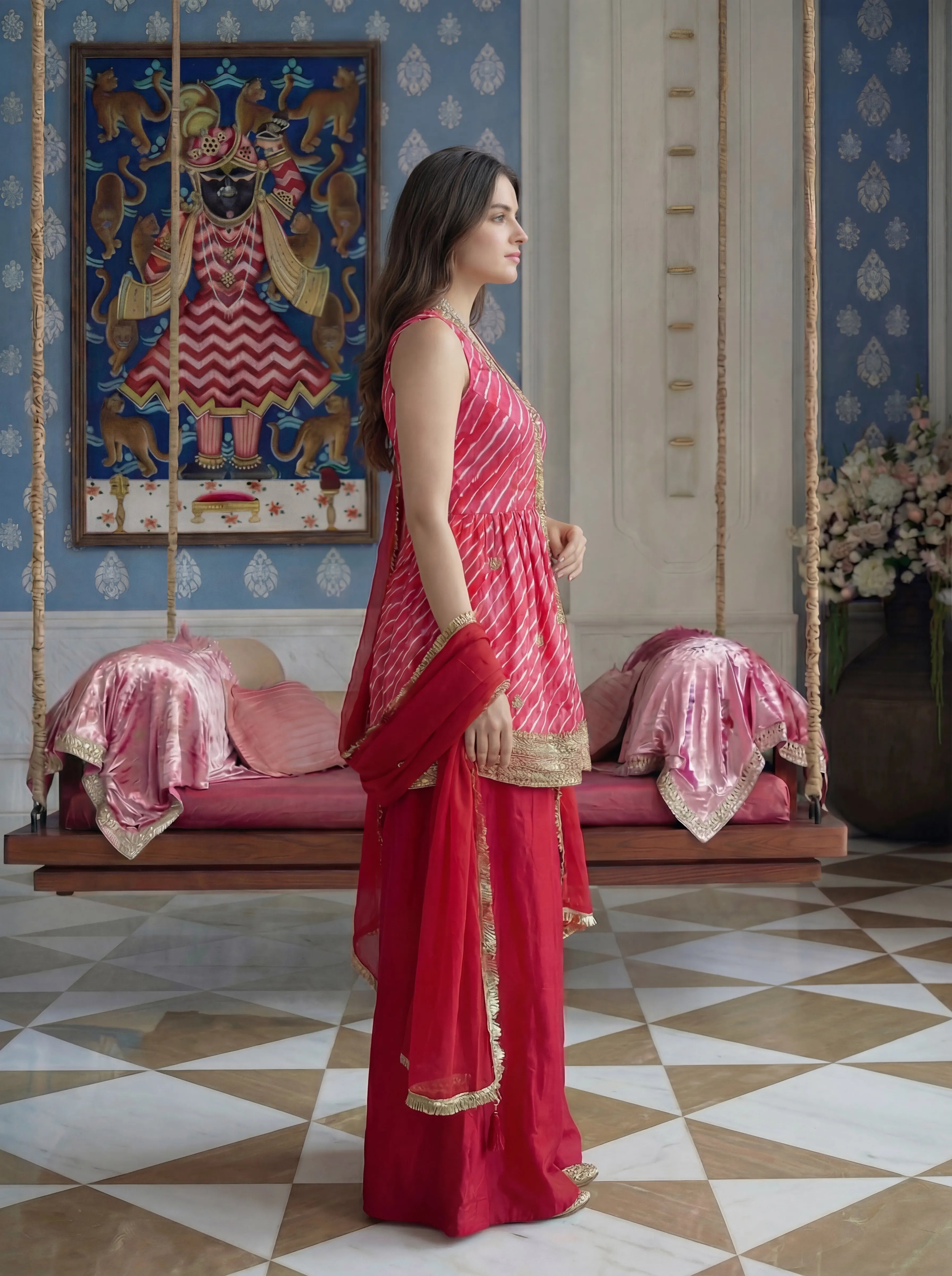 Hot Pink Leheriya Peplum 3 Piece Set in Crepe