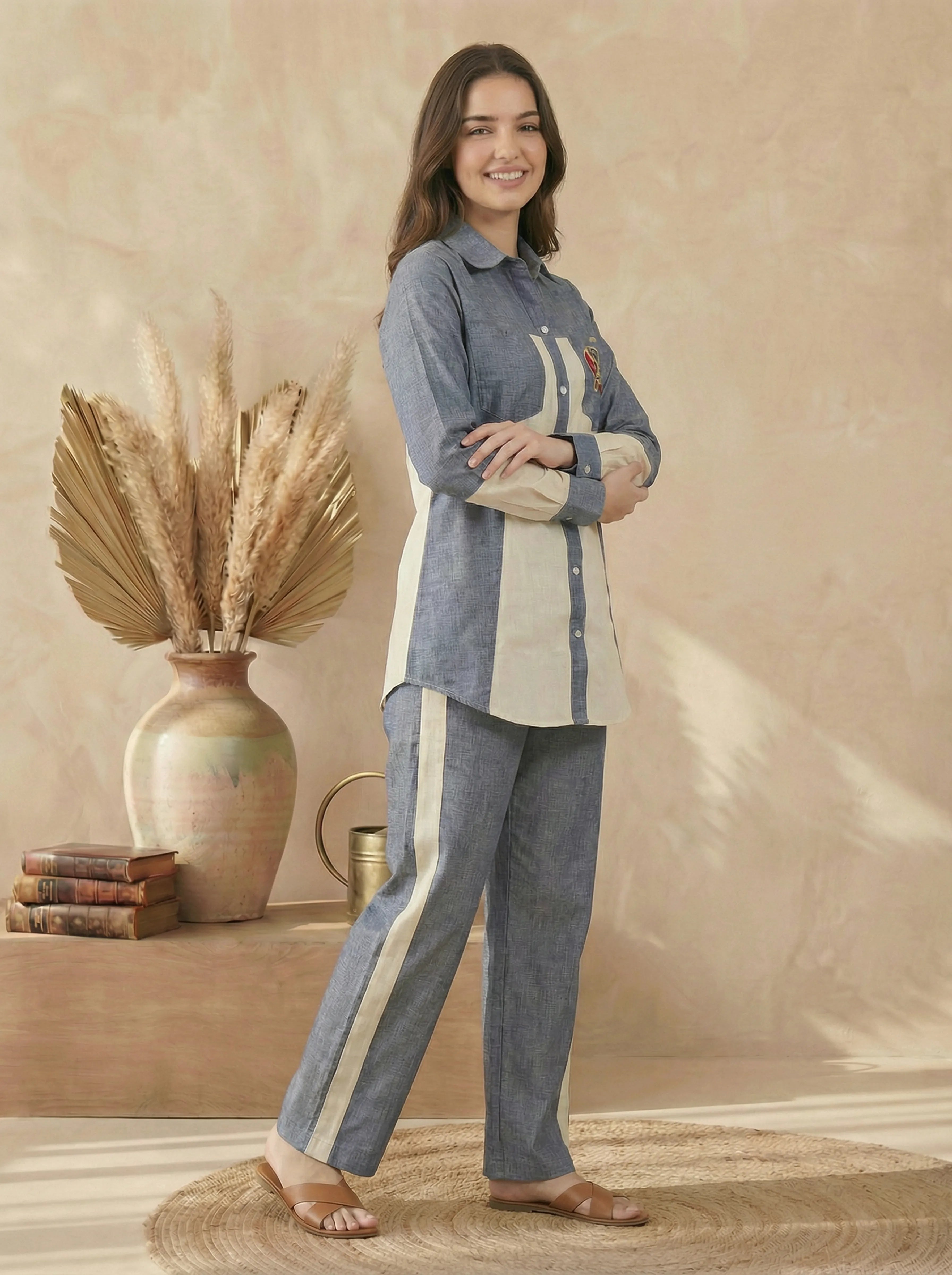 Denim Blue & Cream Cotton Linen Co-Ord Set