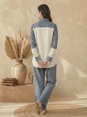 Denim Blue & Cream Cotton Linen Co-Ord Set