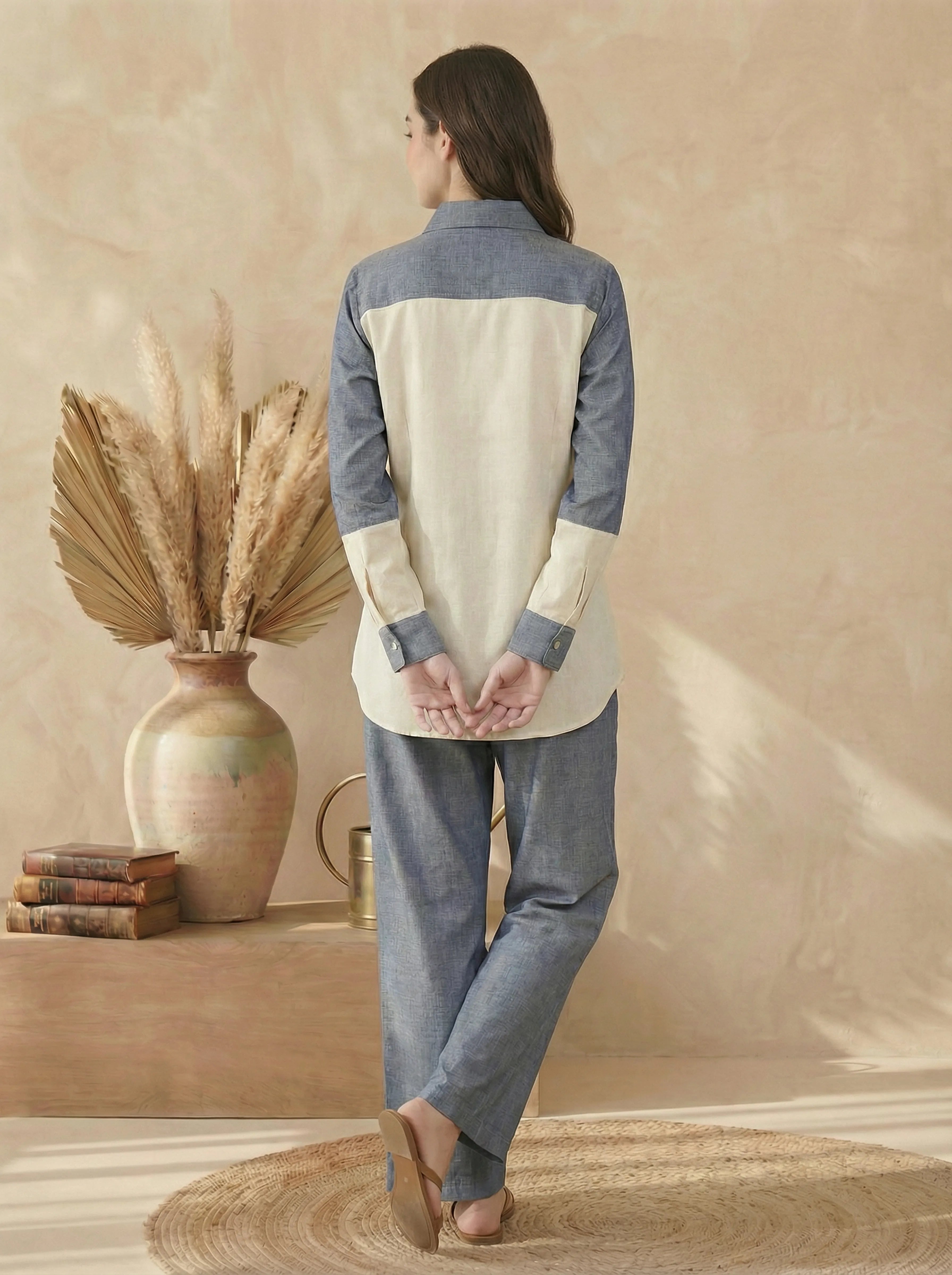 Denim Blue & Cream Cotton Linen Co-Ord Set