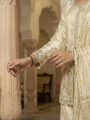 Cream Embroidered Three Piece Set in Tissue Silk