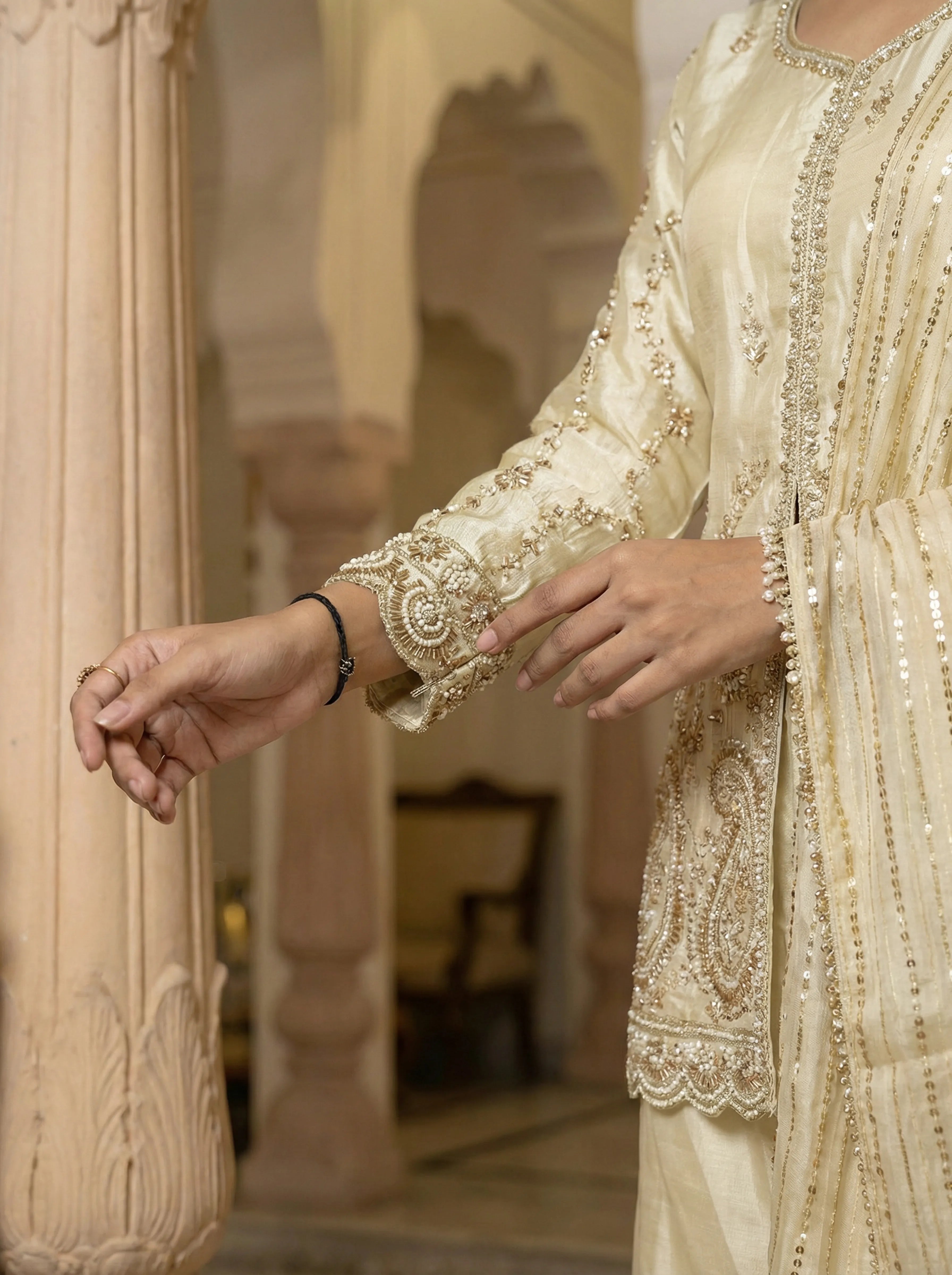 Cream Embroidered Three Piece Set in Tissue Silk