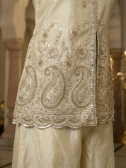 Cream Embroidered Three Piece Set in Tissue Silk