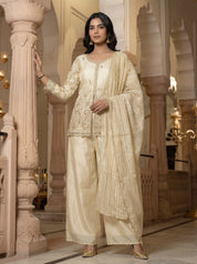 Cream Embroidered Three Piece Set in Tissue Silk