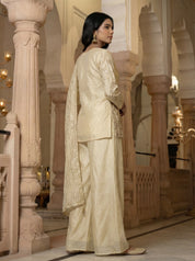 Cream Embroidered Three Piece Set in Tissue Silk