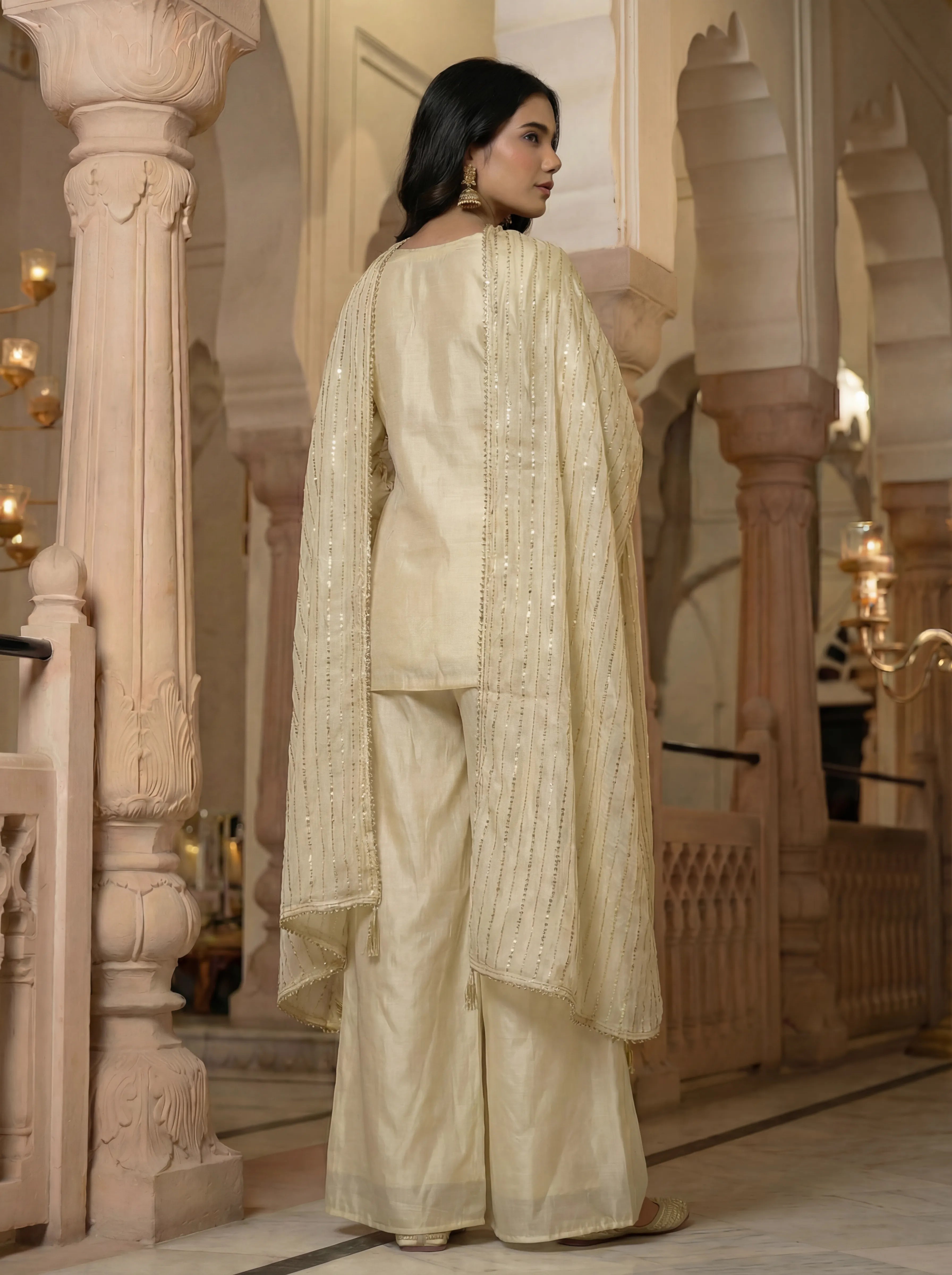 Cream Embroidered Three Piece Set in Tissue Silk
