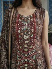 Maroon Printed & Embroidered Anarkali Style 3 Piece Set in Crepe
