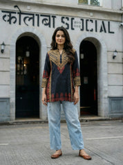 Black Printed Muslin Tunic with Ethnic Border Detailing