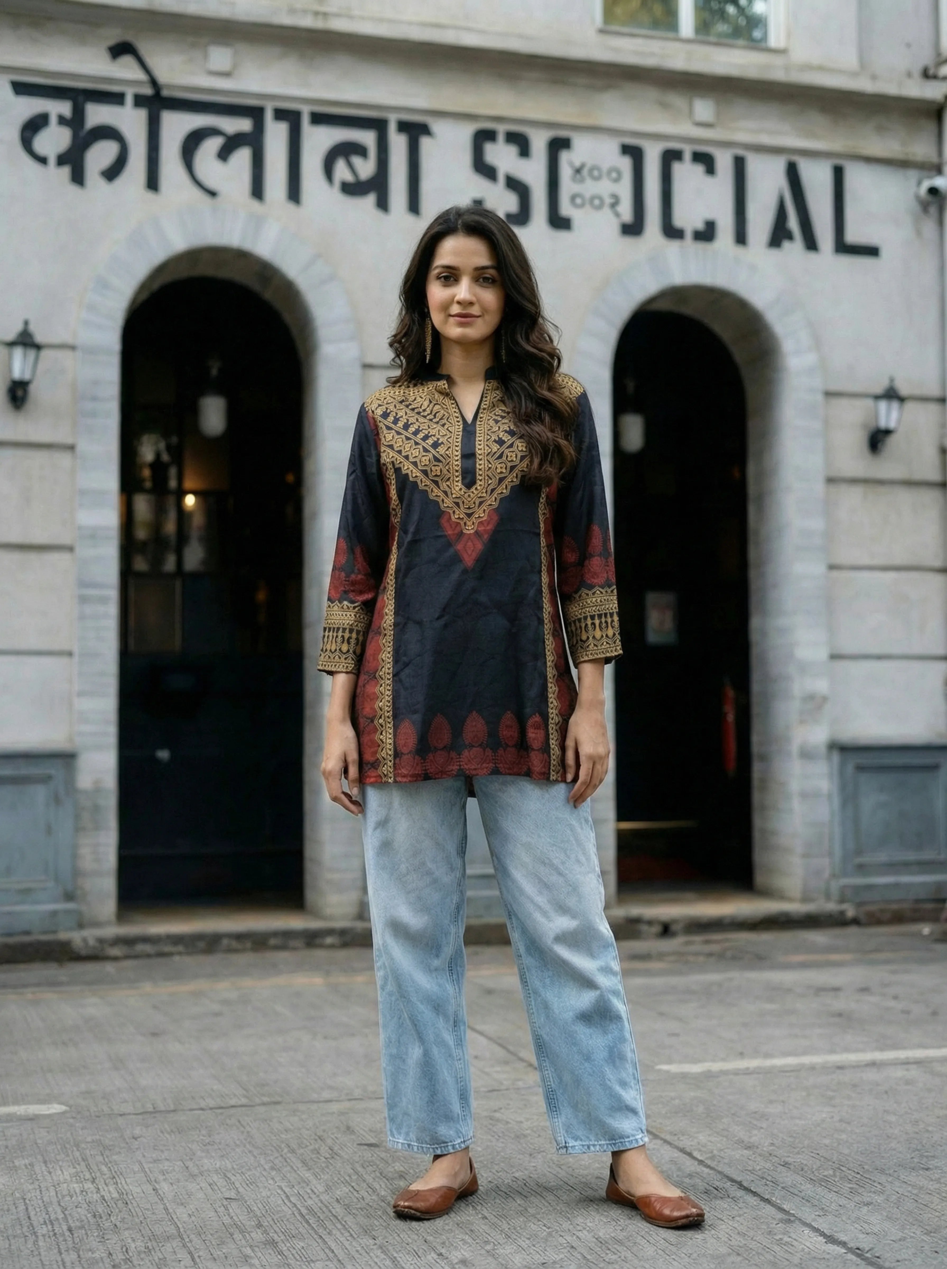 Black Printed Muslin Tunic with Ethnic Border Detailing