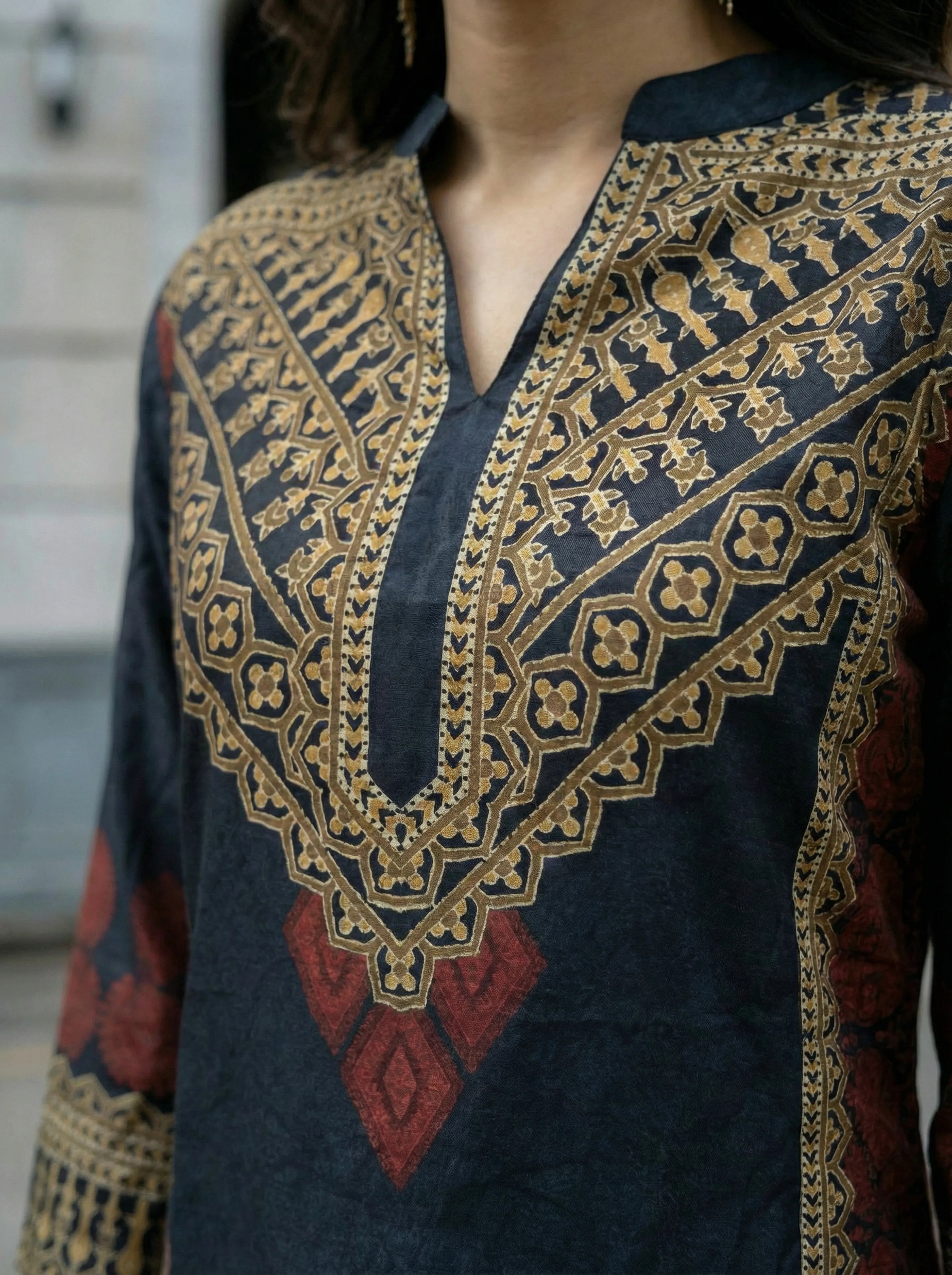 Black Printed Muslin Tunic with Ethnic Border Detailing