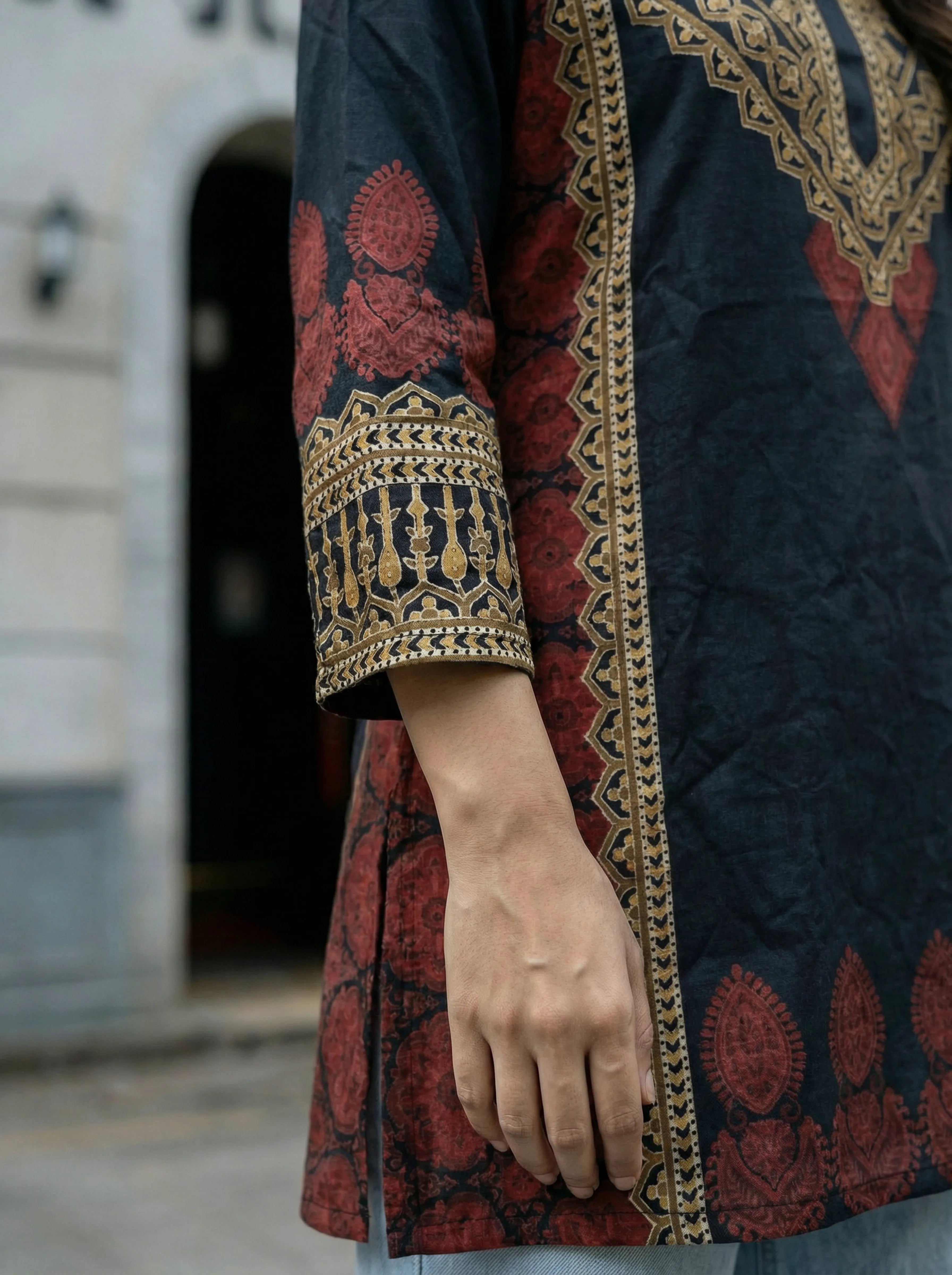 Black Printed Muslin Tunic with Ethnic Border Detailing