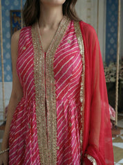 Hot Pink Leheriya Peplum 3 Piece Set in Crepe