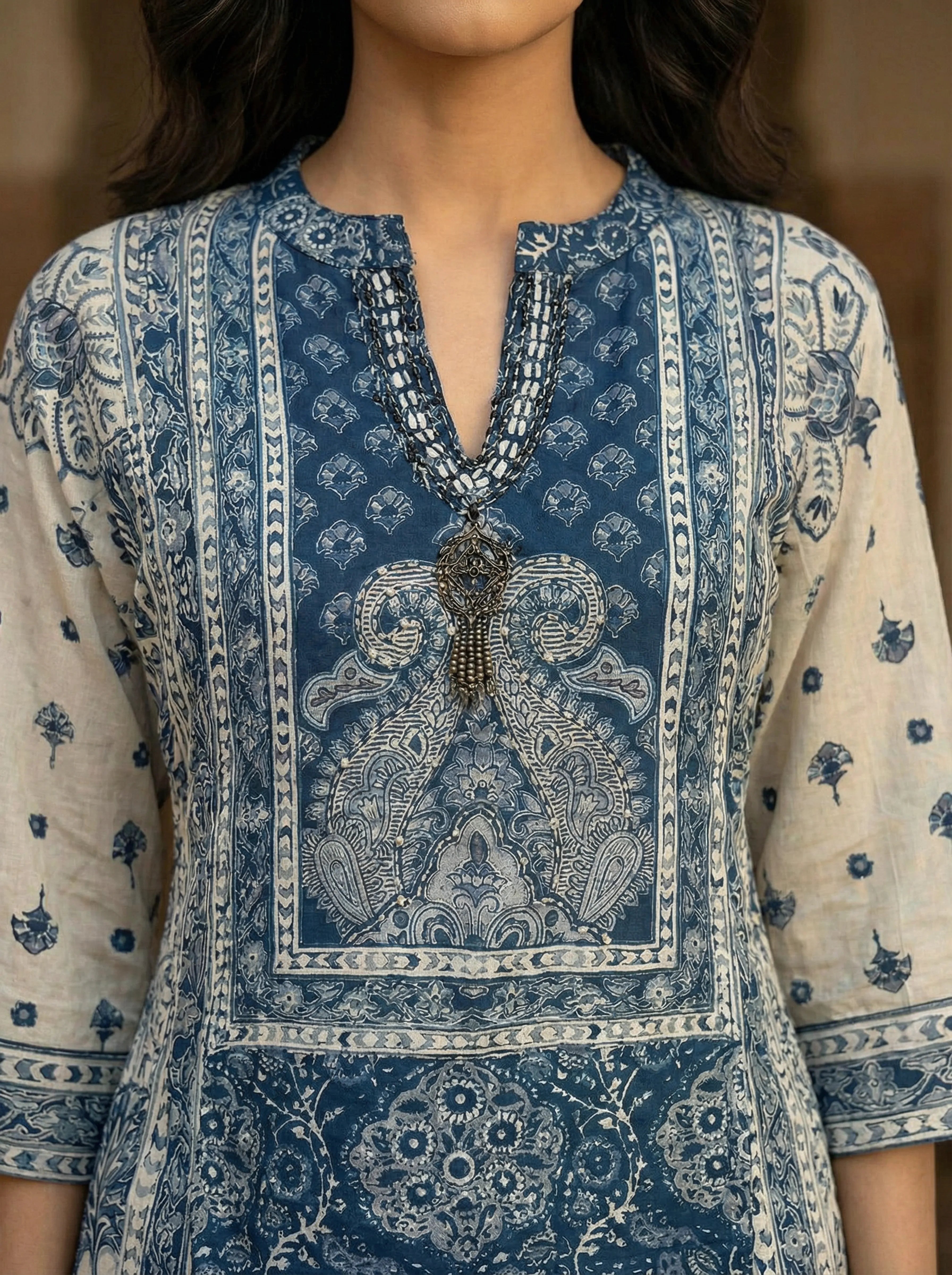 Indigo & Light Grey Paisley Embroidered Viscose Kurta Set