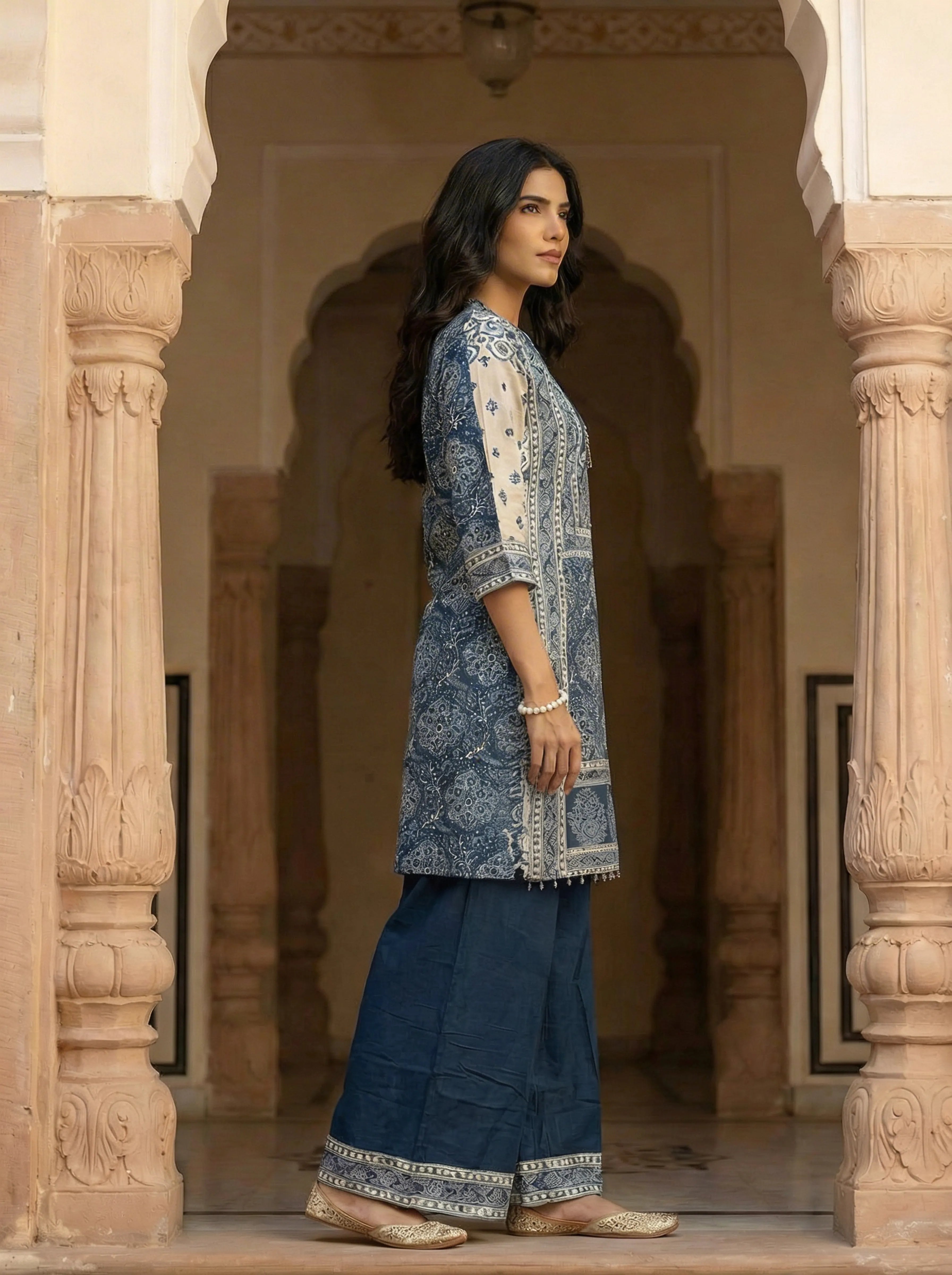 Indigo & Light Grey Paisley Embroidered Viscose Kurta Set
