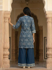 Indigo & Light Grey Paisley Embroidered Viscose Kurta Set