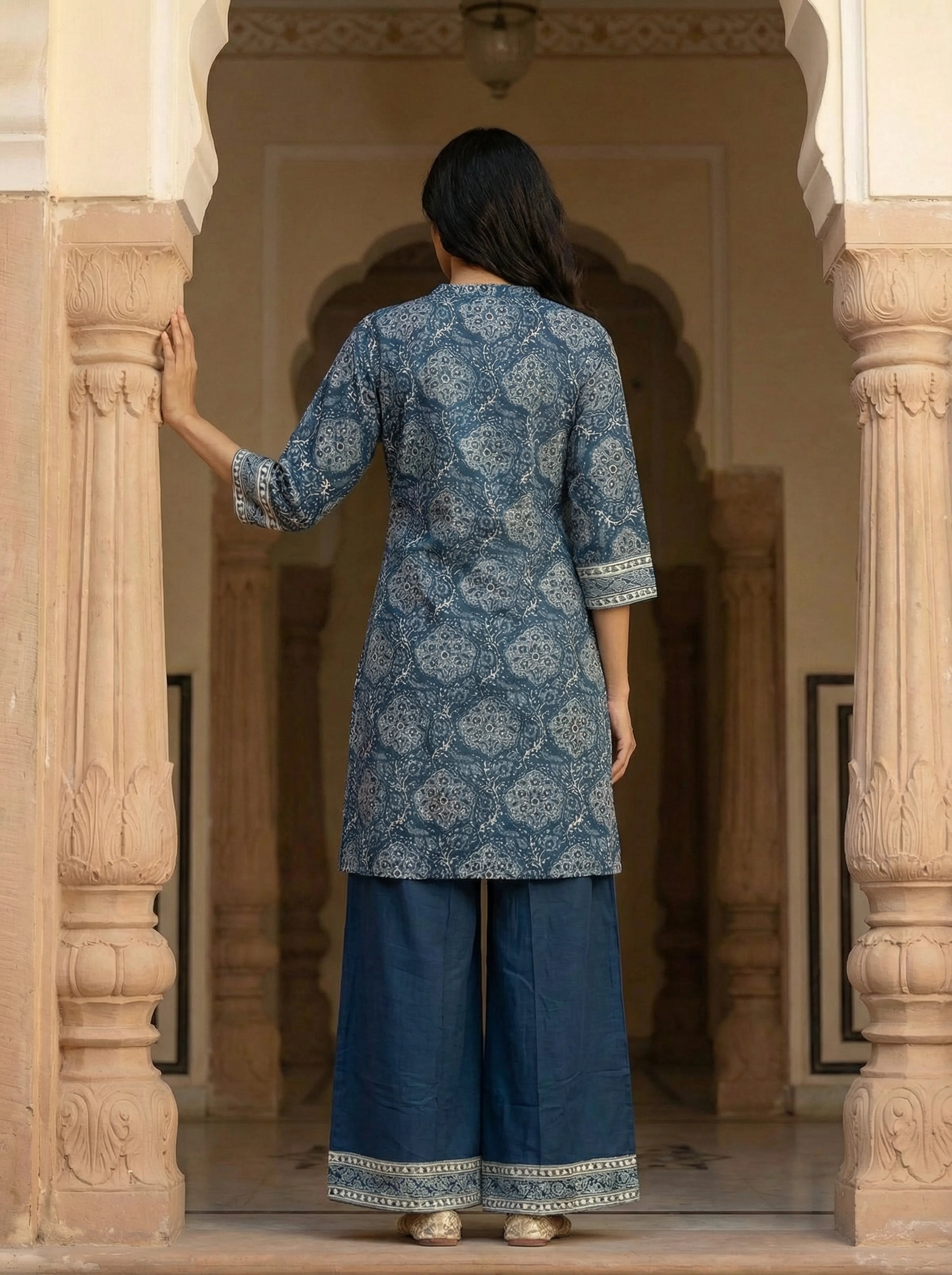 Indigo & Light Grey Paisley Embroidered Viscose Kurta Set