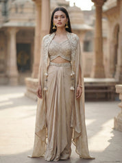 Couture Ivory Draped Skirt 3 Piece Set in Embroidered Crepe