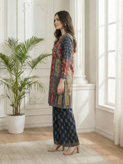 Multicolor Ajrakh Panel Kurta Set in Viscose Silk