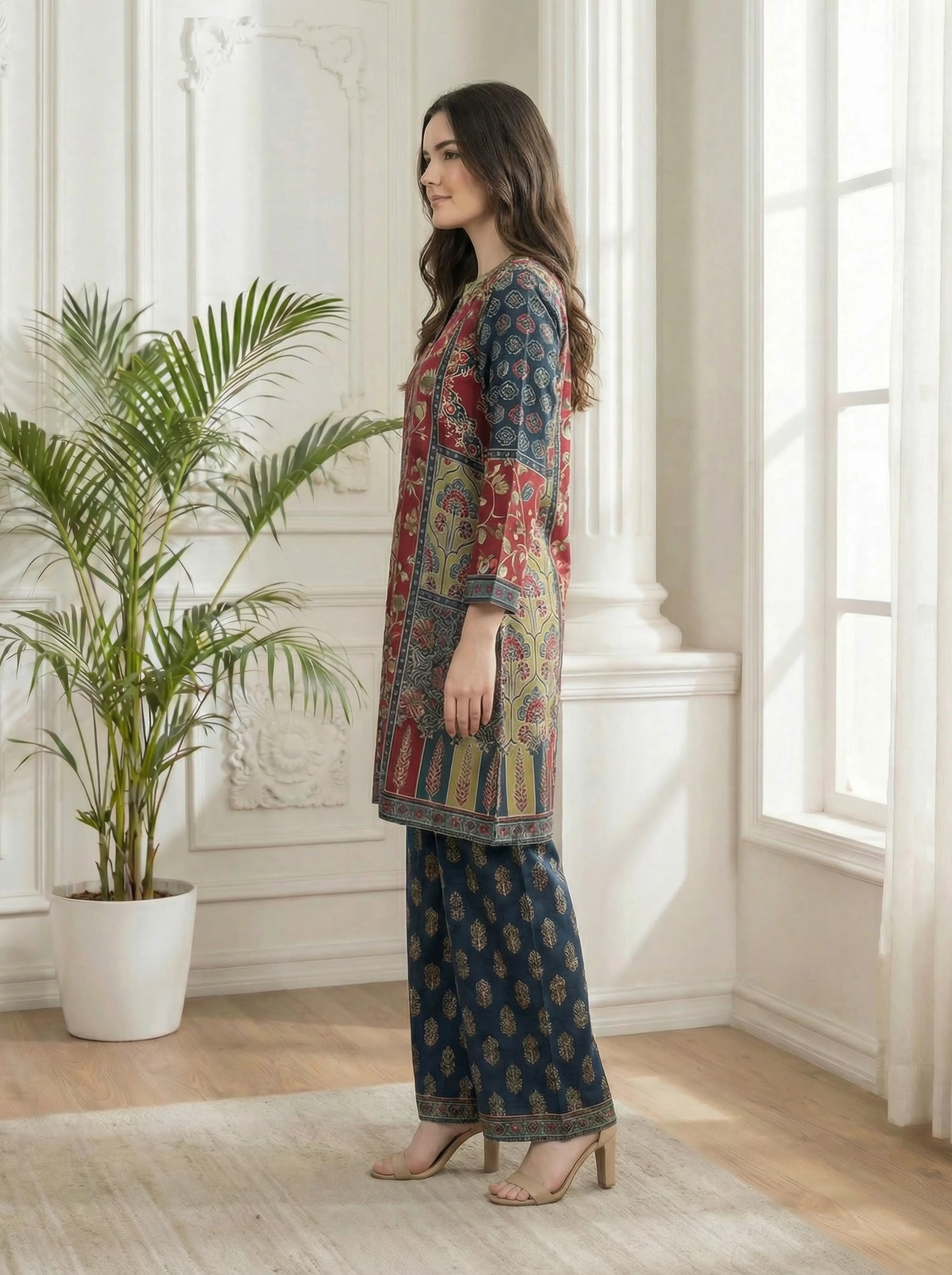 Multicolor Ajrakh Panel Kurta Set in Viscose Silk