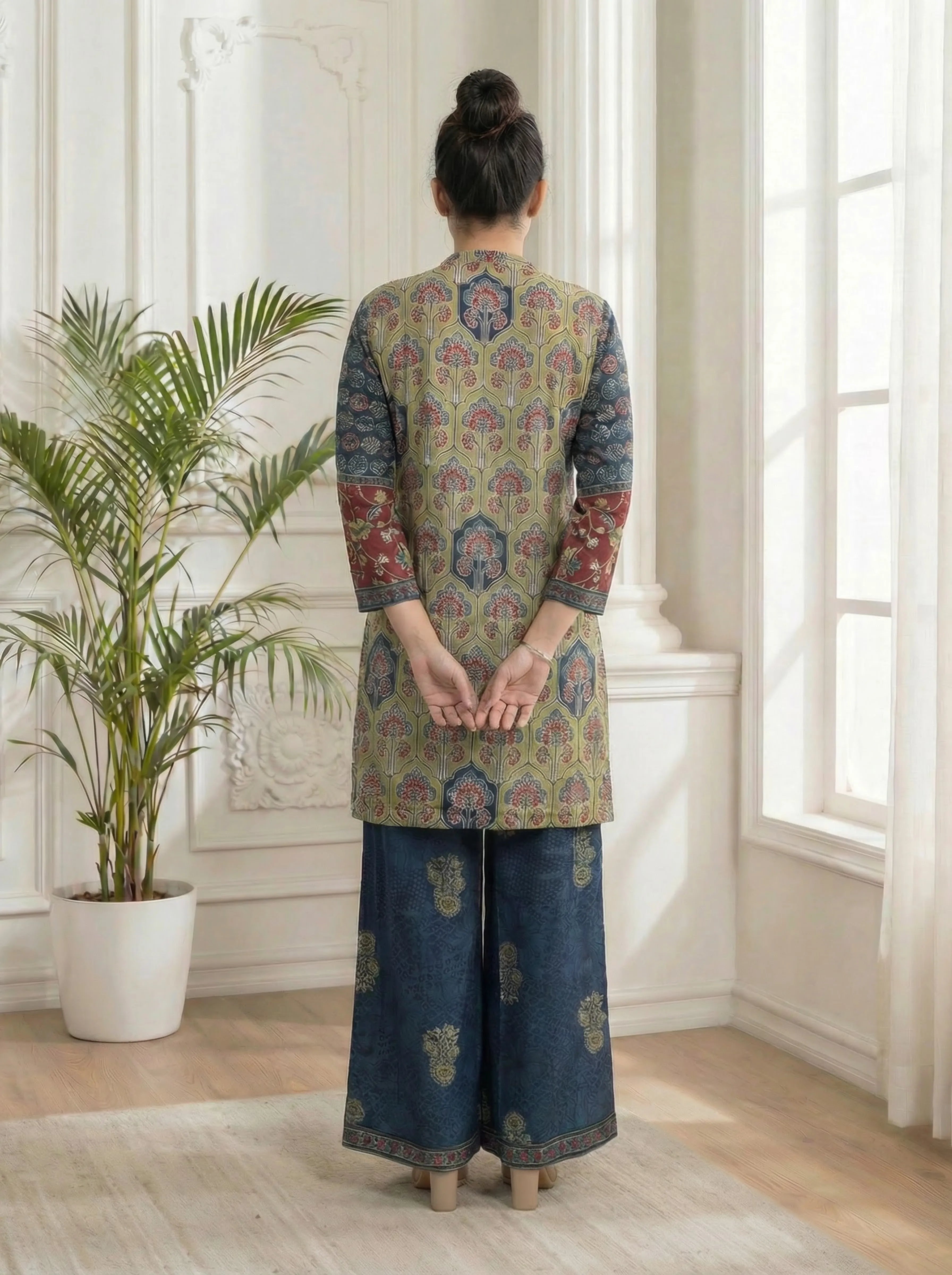 Multicolor Ajrakh Panel Kurta Set in Viscose Silk