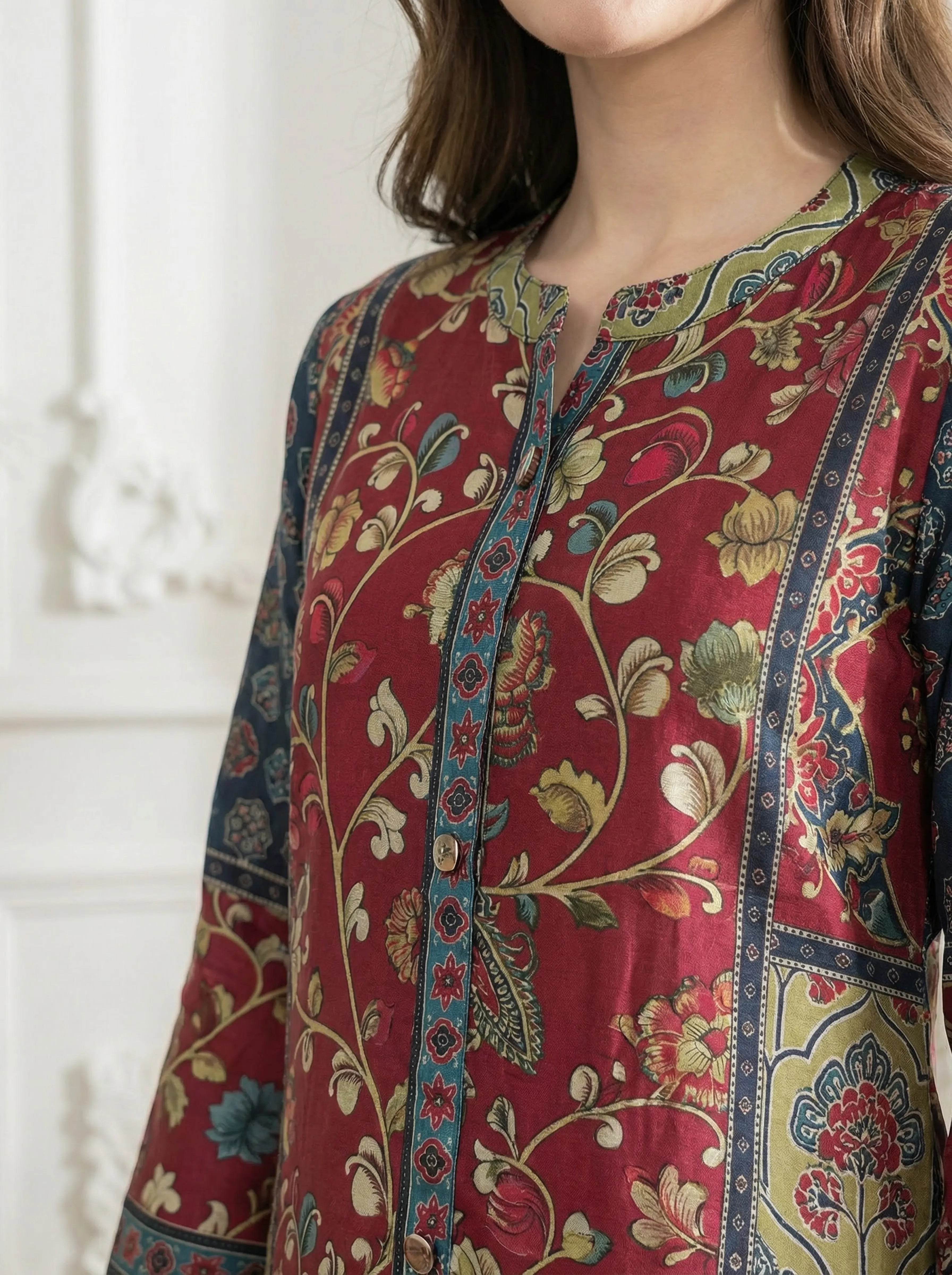 Multicolor Ajrakh Panel Kurta Set in Viscose Silk