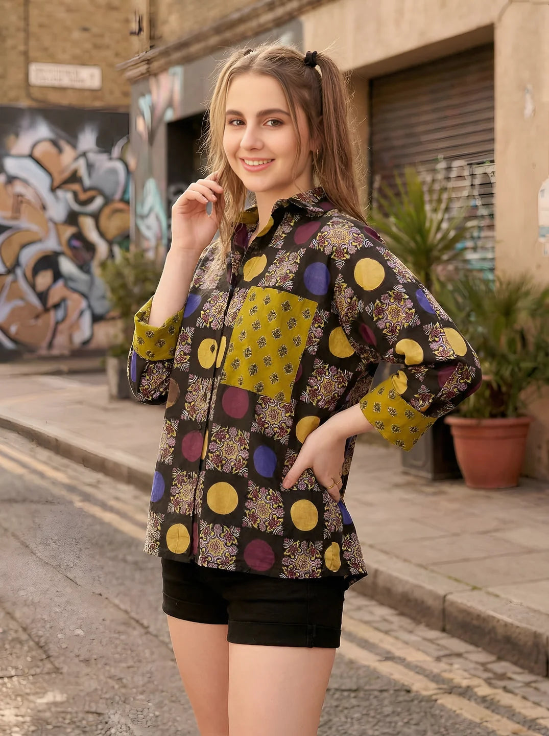 Black Base & Mustard Patch Printed Cotton Oversized Shirt