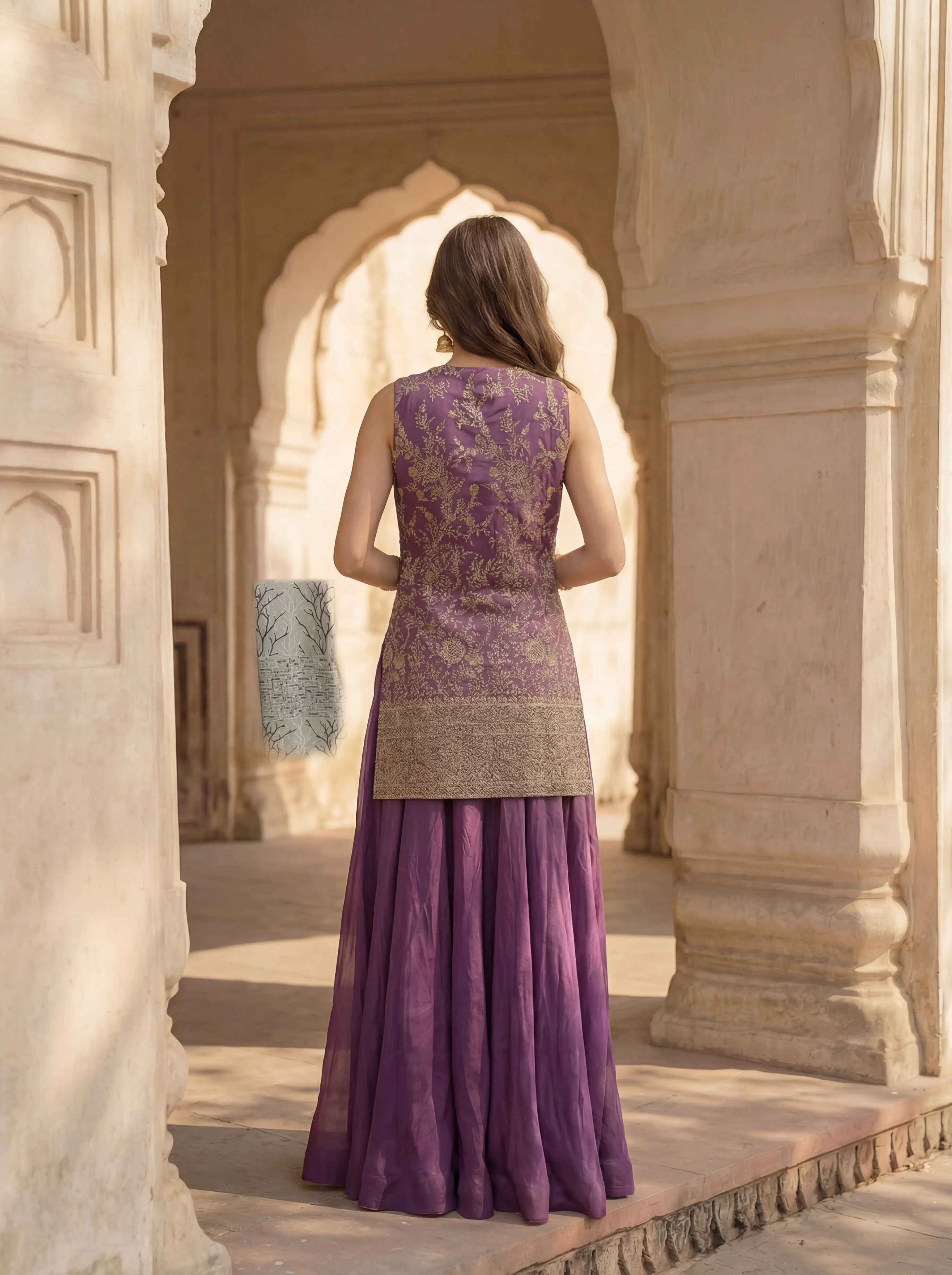 Purple Floral Embroidered Three Piece Jacket Set