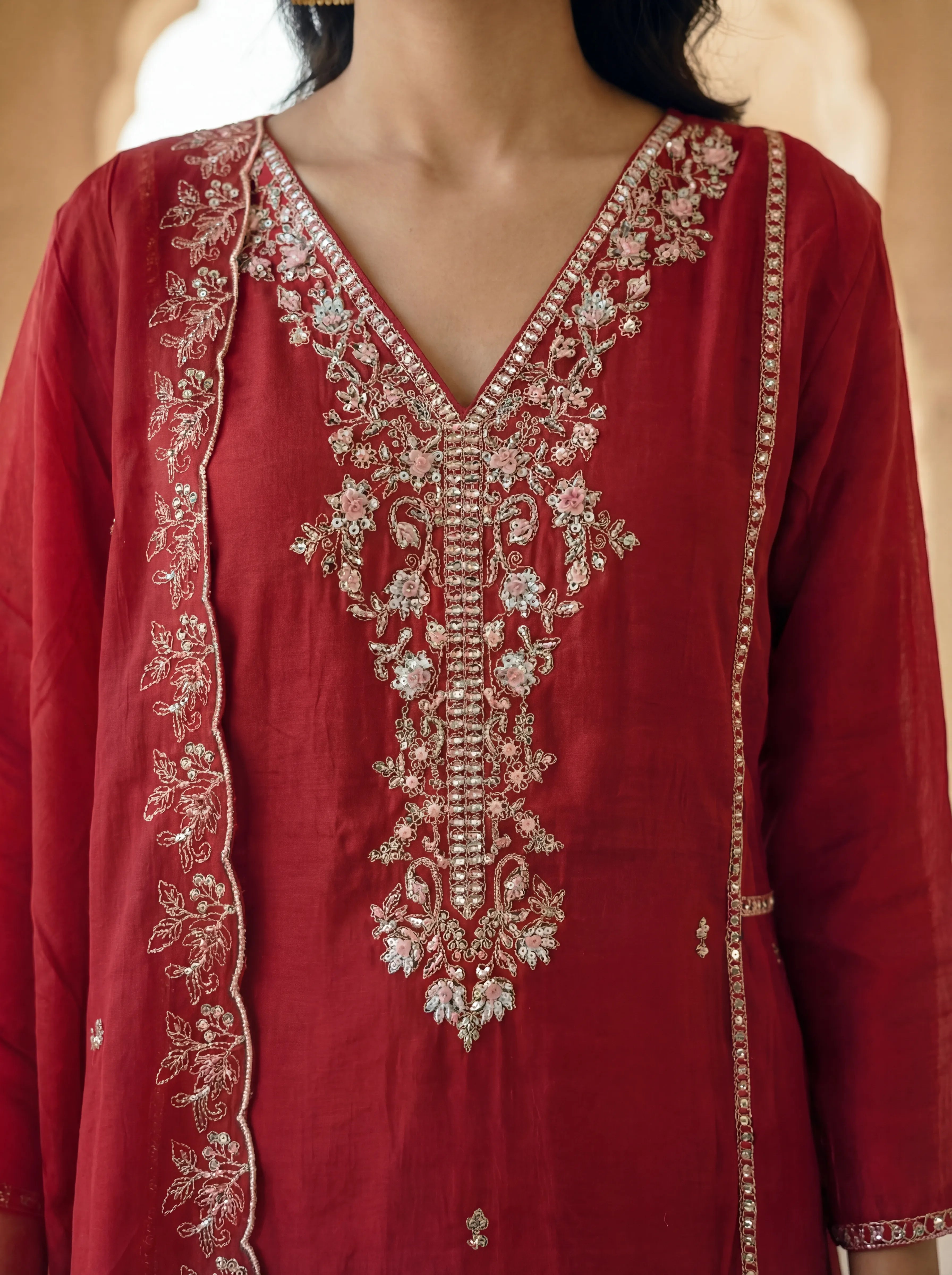 Red Floral Embroidered Mal Chanderi Three Piece Set