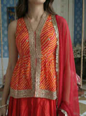 Orange Leheriya Peplum 3 Piece Set in Crepe