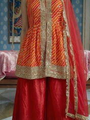 Orange Leheriya Peplum 3 Piece Set in Crepe