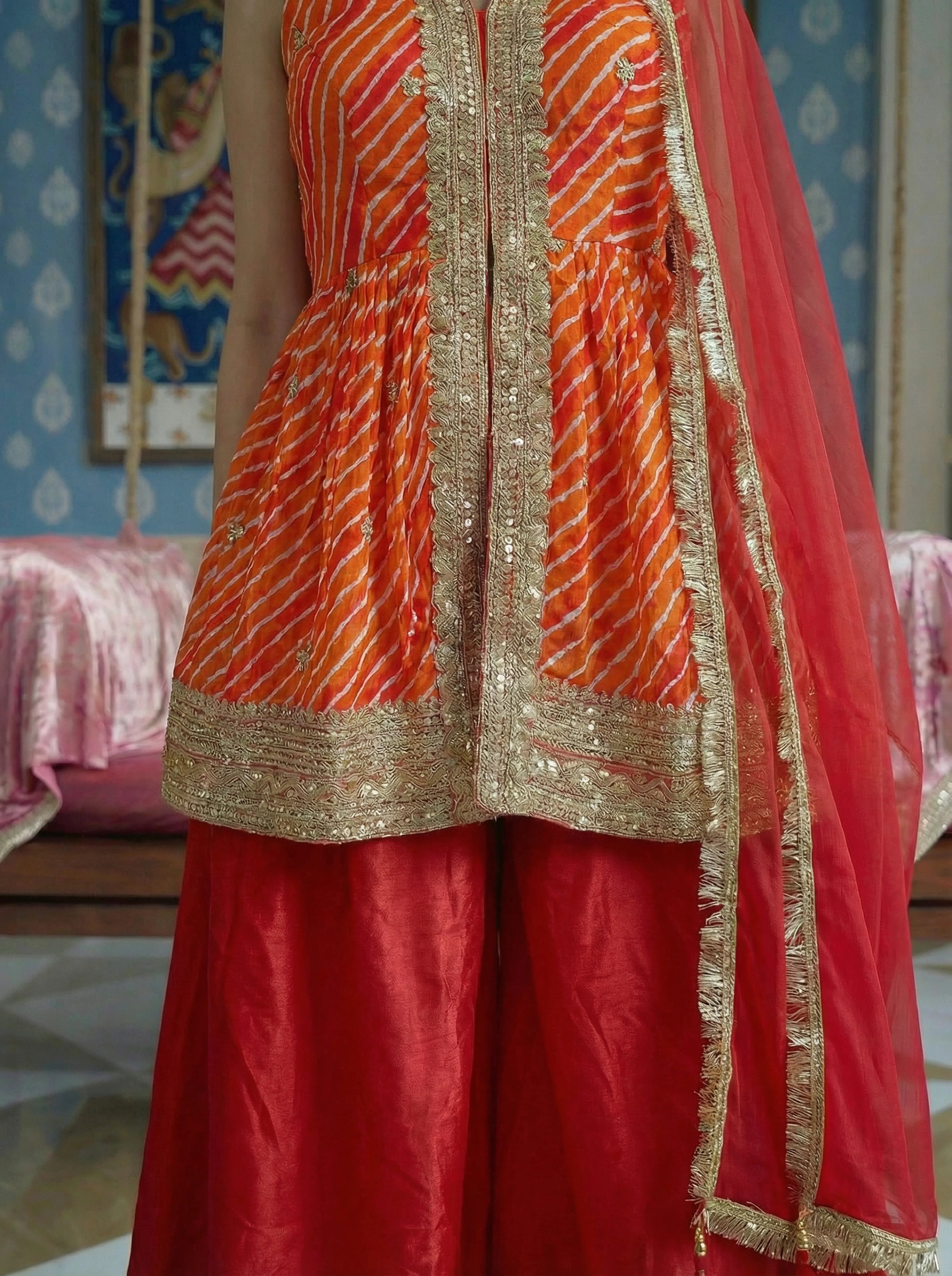 Orange Leheriya Peplum 3 Piece Set in Crepe