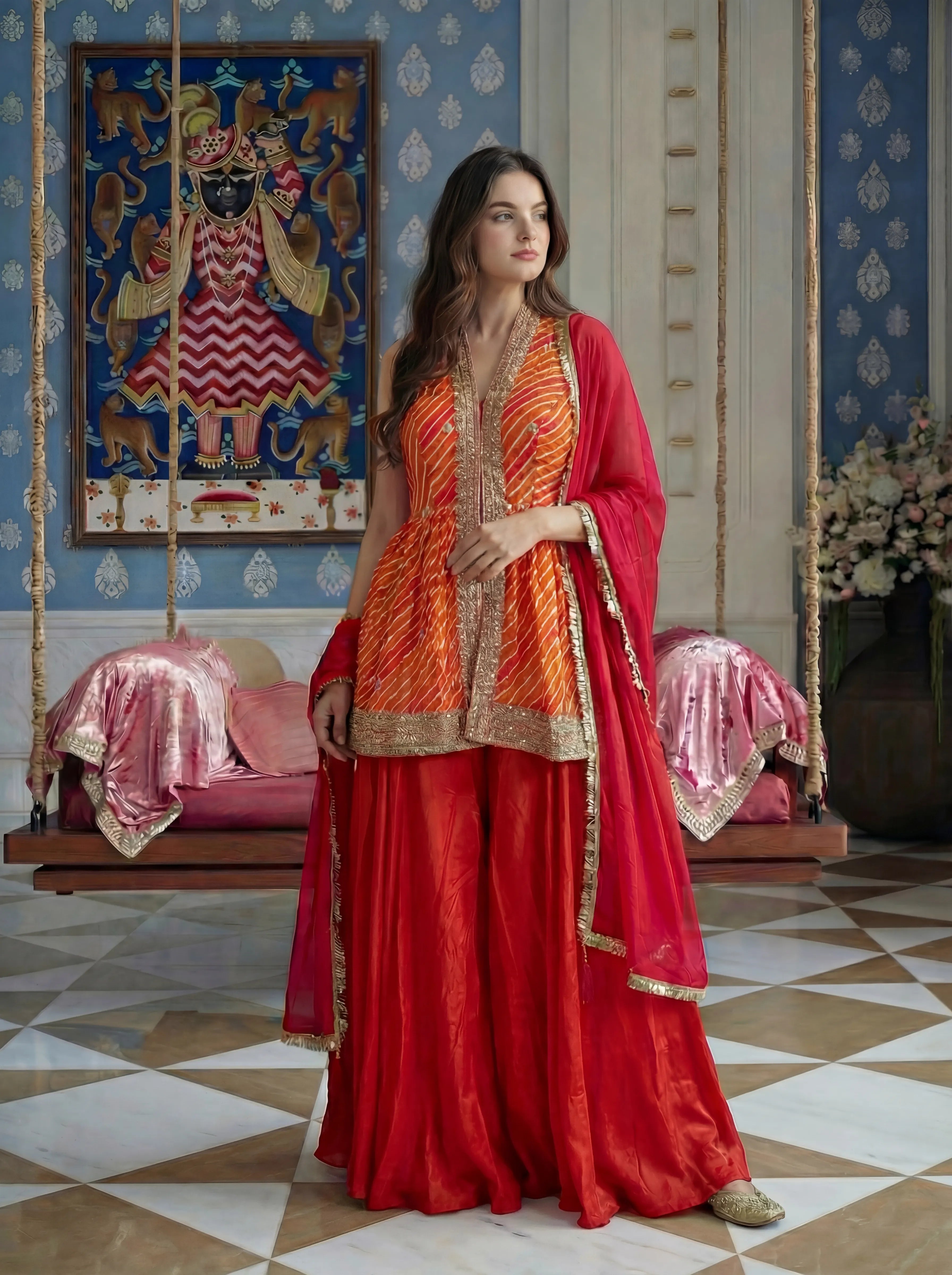 Orange Leheriya Peplum 3 Piece Set in Crepe