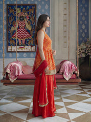 Orange Leheriya Peplum 3 Piece Set in Crepe