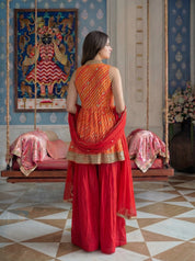 Orange Leheriya Peplum 3 Piece Set in Crepe