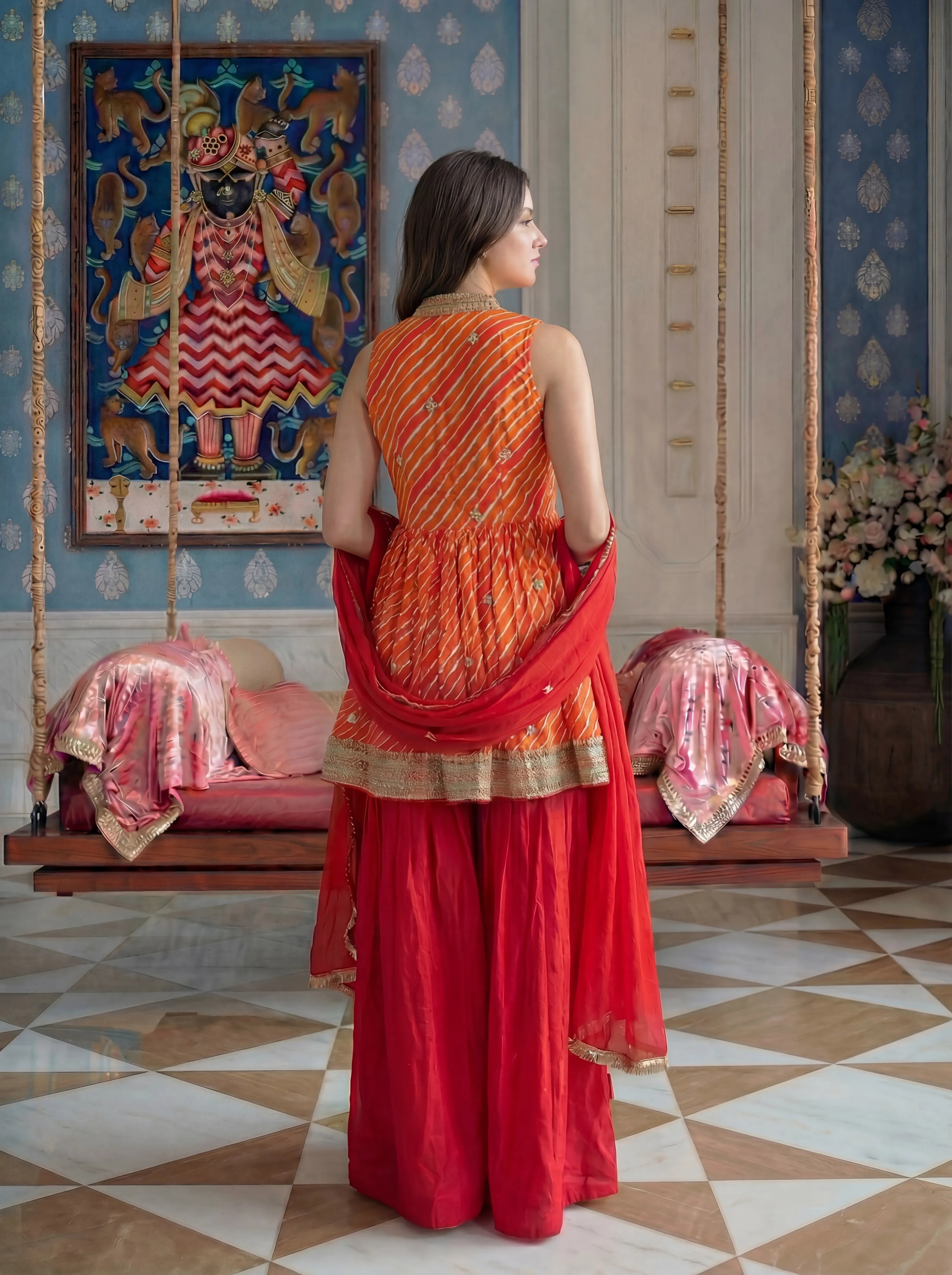 Orange Leheriya Peplum 3 Piece Set in Crepe