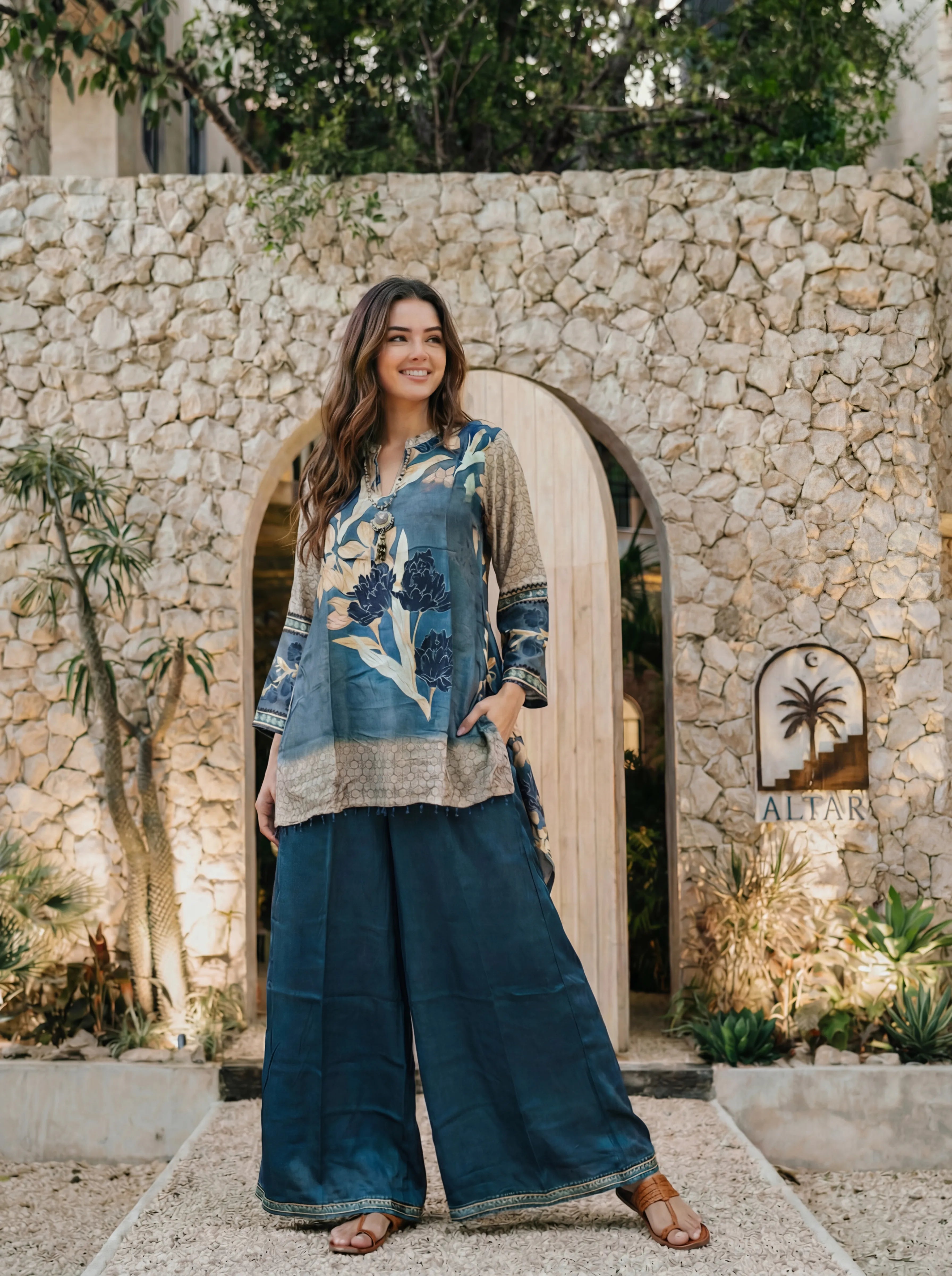 Steel Blue Geometric & Floral Co-ord Set in Viscose Silk