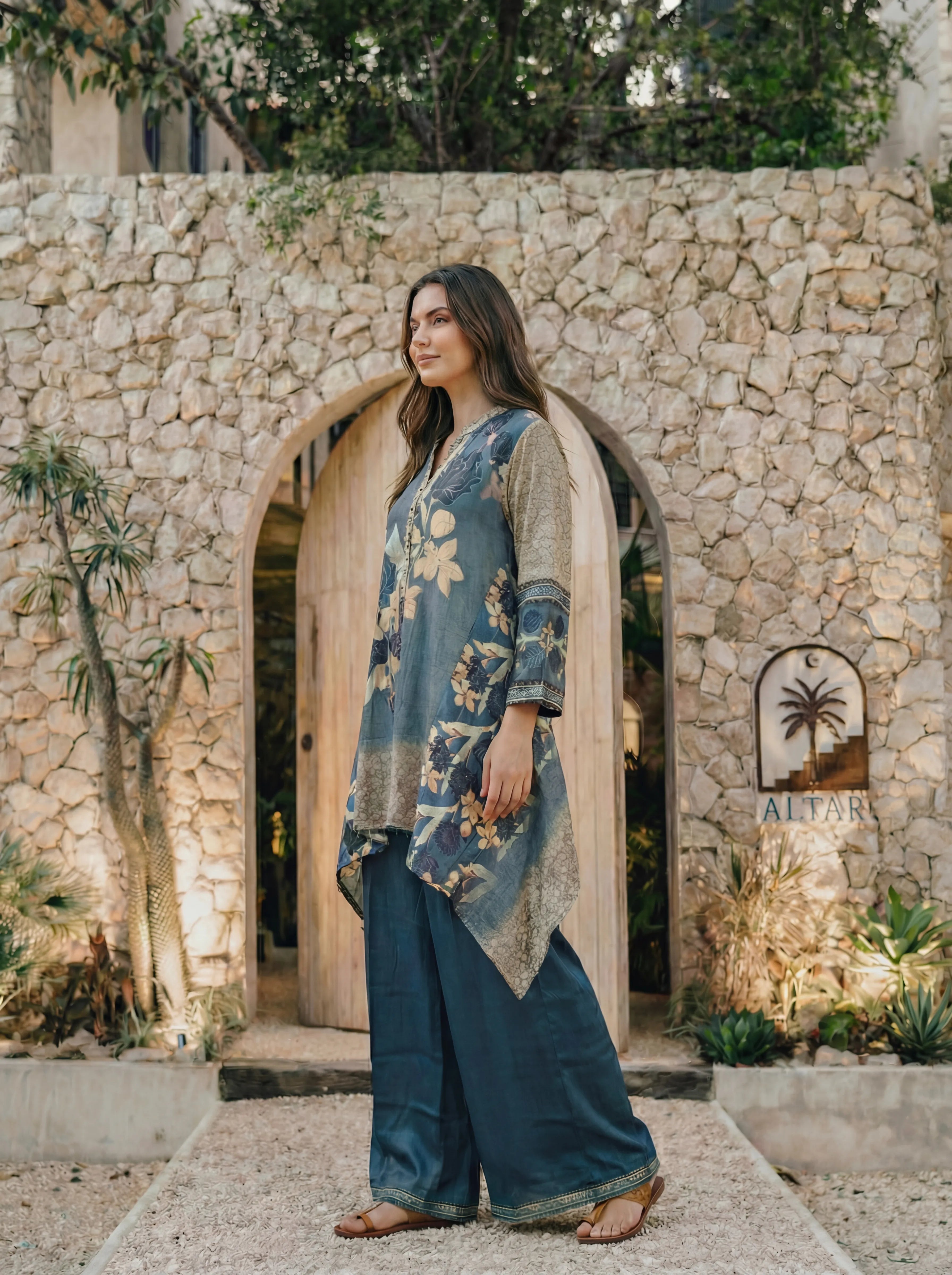 Steel Blue Geometric & Floral Co-ord Set in Viscose Silk