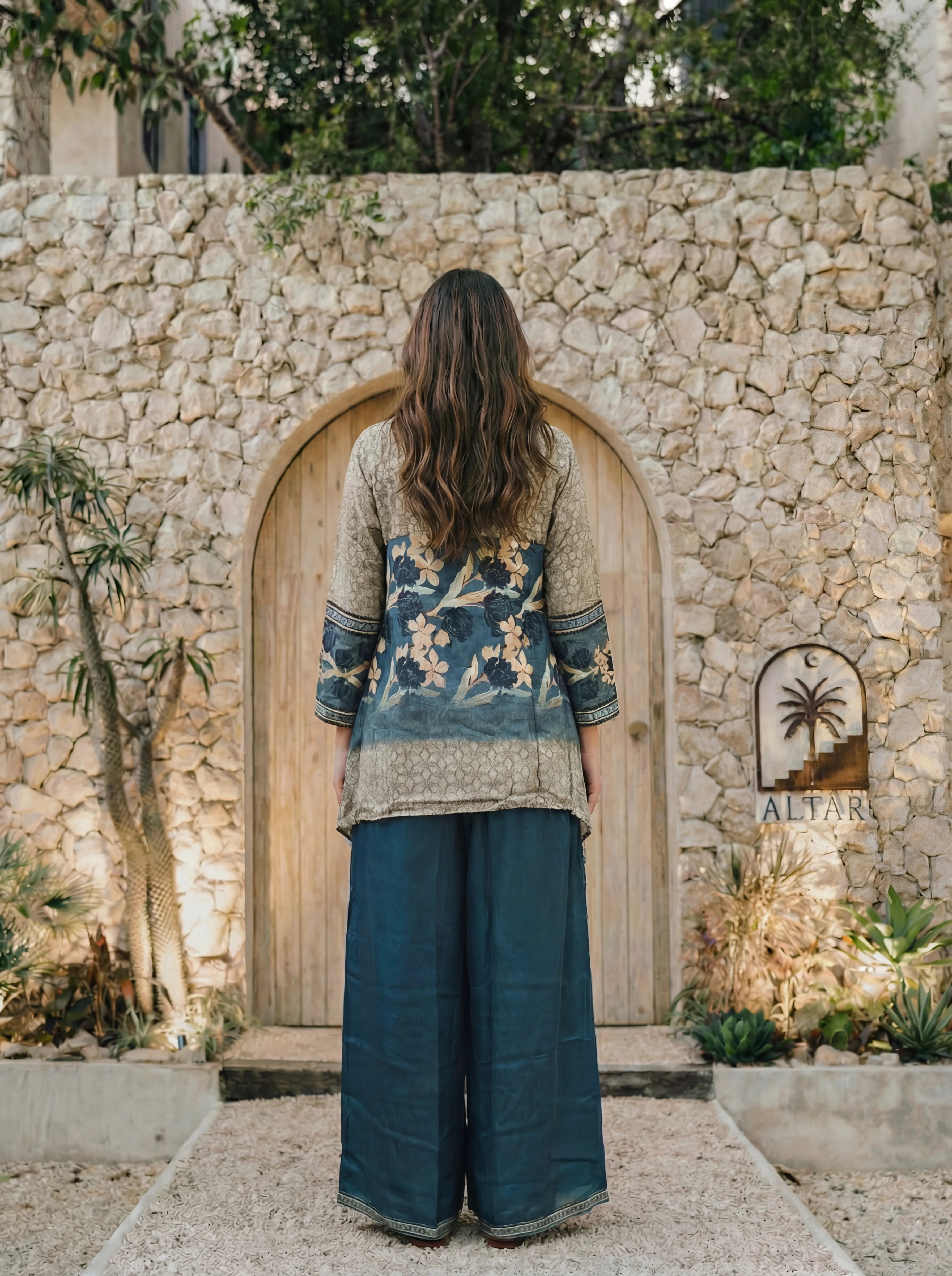 Steel Blue Geometric & Floral Co-ord Set in Viscose Silk