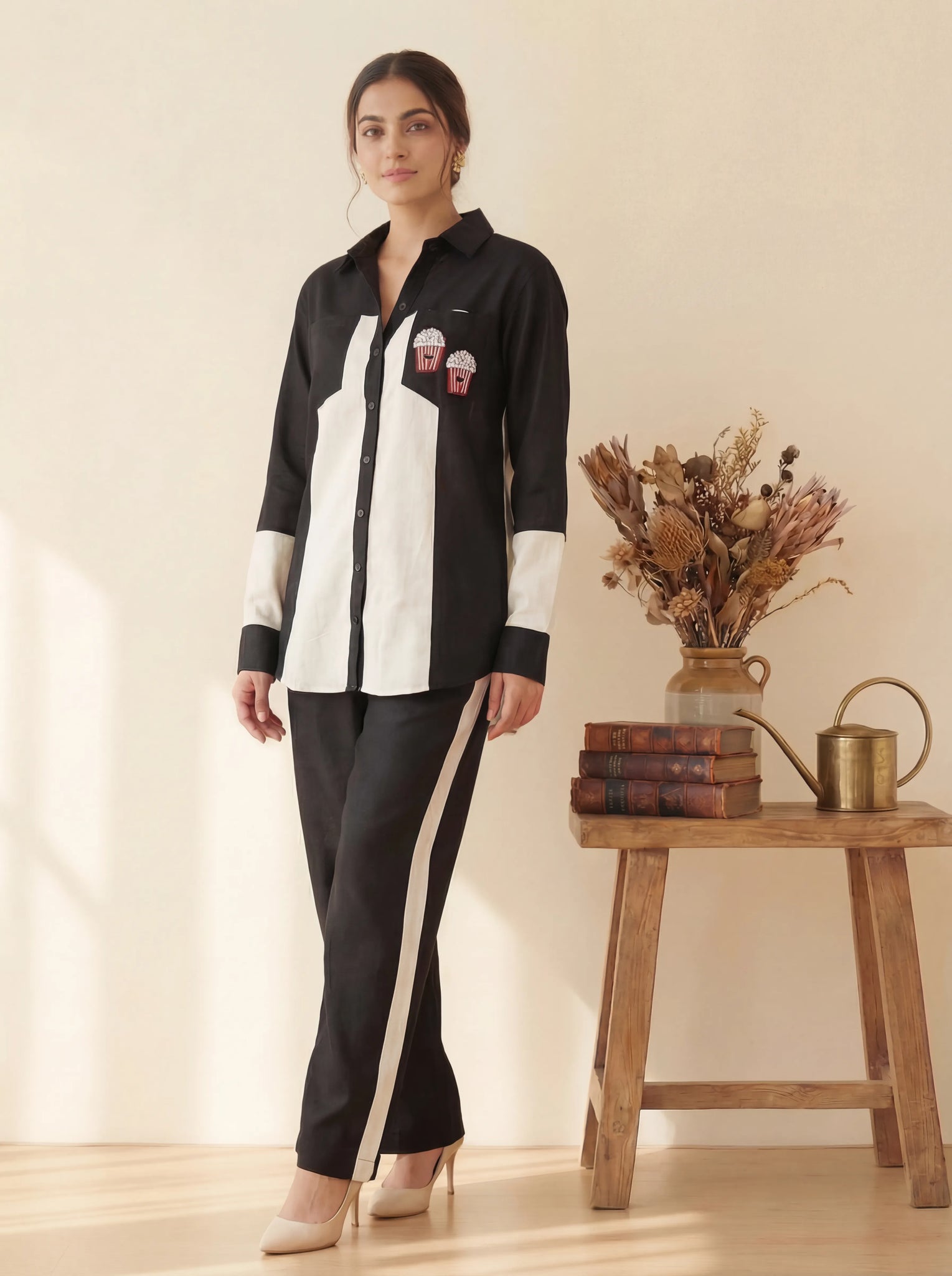 Comfortable office wear showcasing a lightweight denim blue embroidered co-ord set for professional women