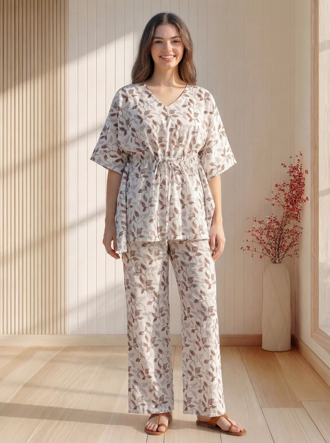 White Base Botanical Print Kaftan Cotton Co-ord Set