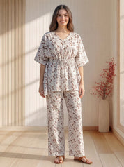 White Base Botanical Print Kaftan Cotton Co-ord Set