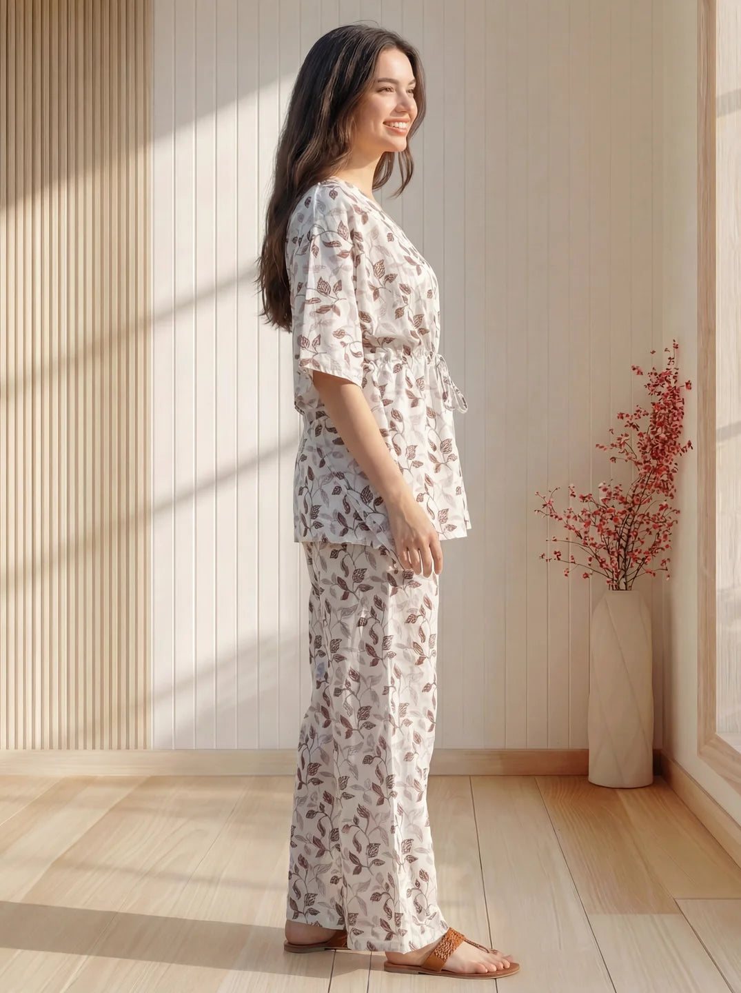 White Base Botanical Print Kaftan Cotton Co-ord Set