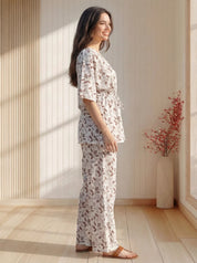 White Base Botanical Print Kaftan Cotton Co-ord Set