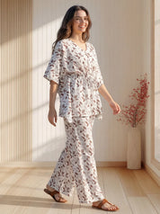 White Base Botanical Print Kaftan Cotton Co-ord Set