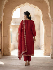 Red Floral Embroidered Mal Chanderi Three Piece Set