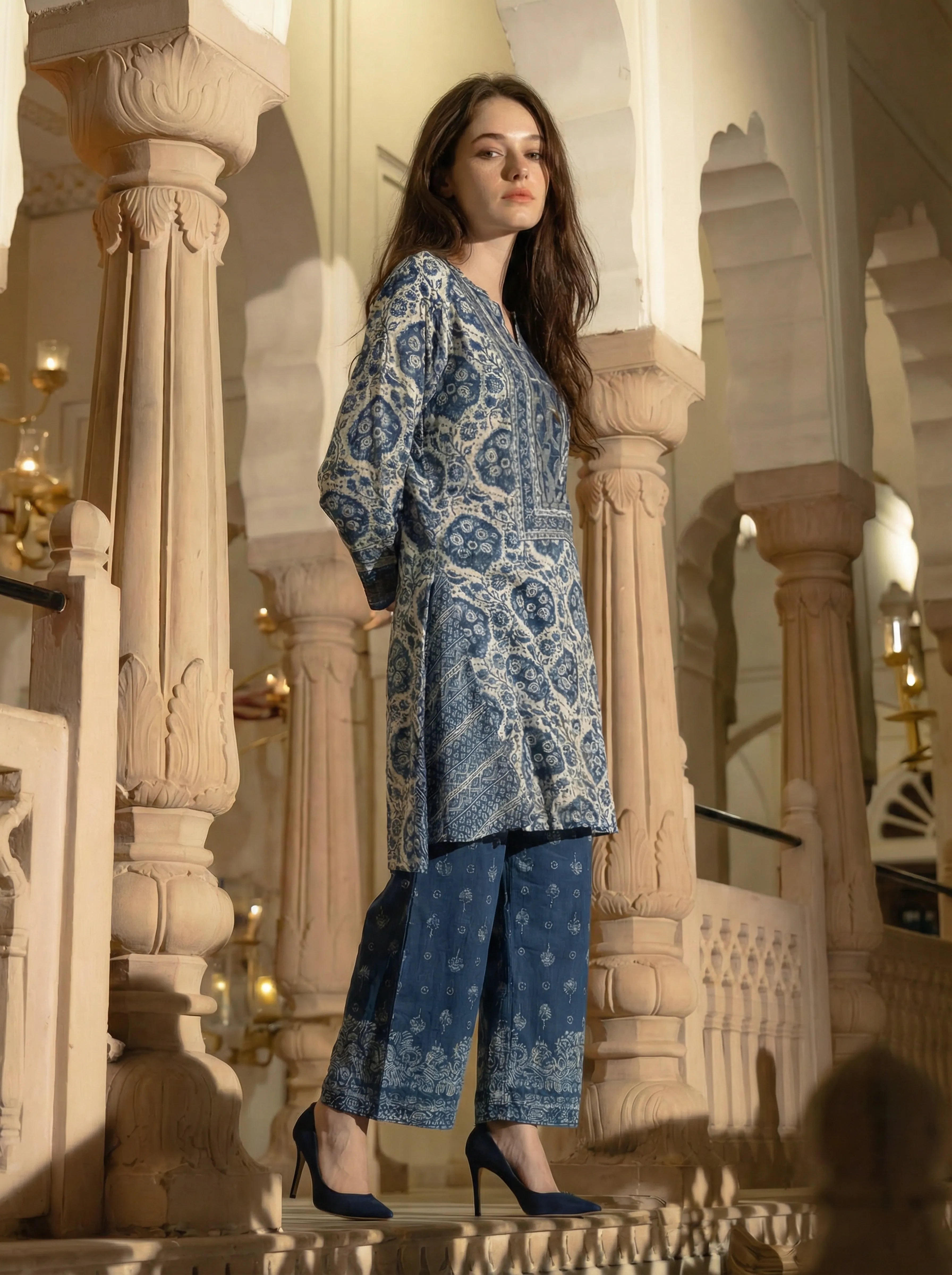 Indigo Motif Printed Bead Embroidery Viscose Kurta Set