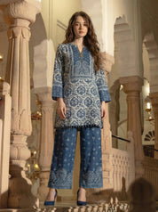 Indigo Motif Printed Bead Embroidery Viscose Kurta Set