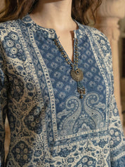 Indigo Motif Printed Bead Embroidery Viscose Kurta Set