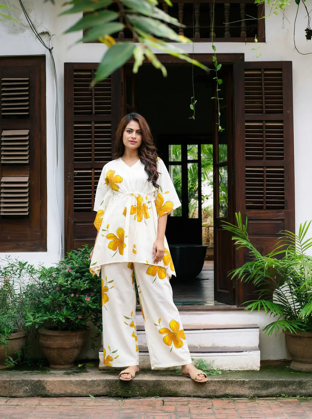 White & Yellow Floral Cotton Kaftan Co-Ord Set with Adjustable Drawstring