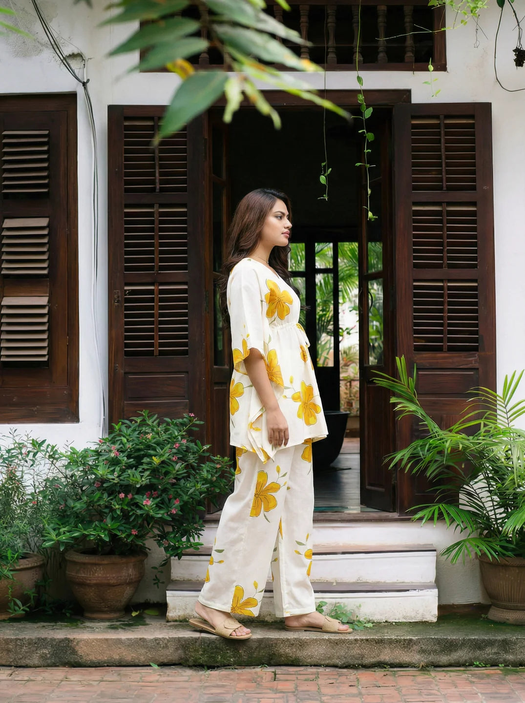White & Yellow Floral Cotton Kaftan Co-Ord Set with Adjustable Drawstring
